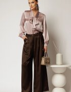  Pantaloni maro din satin cu croi larg si curea in talie