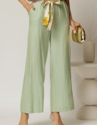  Pantaloni verde fistic din viscoza cu croi lejer si cordon cu print