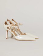  Pantofi eleganti albi aspect lucios cu bareta si decupaj lateral