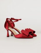  Pantofi eleganti bordo din material satinat cu funda maxi stralucitoare
