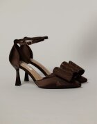  Pantofi eleganti maro din material satinat cu funda maxi stralucitoare