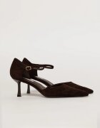  Pantofi eleganti maro intens cu aspect catifelat si bareta