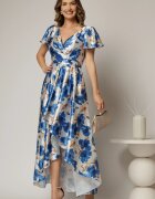  Rochie asimetrica din satin cu imprimeuri albastre si decolteu petrecut