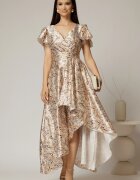  Rochie asimetrica din satin cu imprimeuri bej si decolteu petrecut