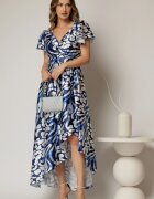  Rochie asimetrica din satin cu imprimeuri bleumarin si decolteu petrecut