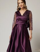  Rochie Azaleea midi mov din tafta cu paiete la bust si funda maxi in talie