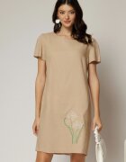  Rochie bej din in cu flori brodate si croi drept