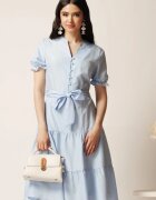  Rochie bleu din viscoza in clos cu cordon in talie