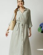  Rochie casual din panza ivory cu dungi kaki si nasturi