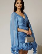  Rochie de ocazie bleu cu maneci vaporoase din voal peliculizat