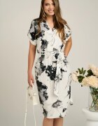  Rochie din viscoza alba cu imprimeuri gri si cordon in talie