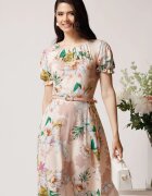  Rochie din viscoza bej cu imprimeuri verzi si curea in talie