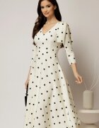  Rochie DY Fashion alba cu buline cu funda pe umar