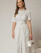  Rochie DY Fashion alba cu buline tip camasa si curea in talie