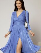  Rochie DY Fashion albastra de ocazie din voal peliculizat cu maneci crapate