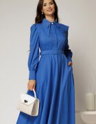  Rochie DY Fashion albastra din poplin cu guler dublu si curea in talie