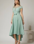  Rochie DY Fashion asimetrica verde menta cu funda in talie si aplicatii la decolteu