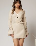  Rochie DY Fashion bej deschis cu maneci evazate si decolteu cu guler