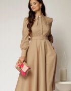  Rochie DY Fashion bej din poplin cu guler dublu si curea in talie