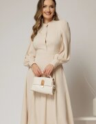  Rochie DY Fashion bej din triplu voal cu guler tunica si nasturi tip floare