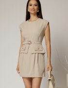  Rochie DY Fashion bej scurta cu peplum si curea in talie