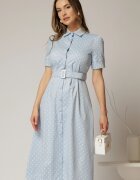  Rochie DY Fashion bleu cu buline tip camasa si curea in talie