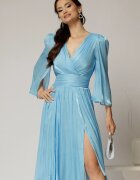  Rochie DY Fashion bleu de ocazie din voal peliculizat cu maneci crapate