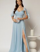  Rochie DY Fashion bleu lunga de seara cu aplicatii de perle pe talie