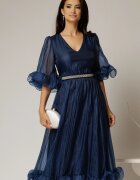  Rochie DY Fashion bleumarin din voal creponat cu volanase si decolteu in V