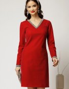  Rochie DY Fashion bordo din catifea fixa cu perle la decolteu si maneci