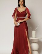  Rochie DY Fashion bordo lunga de seara cu aplicatii de perle pe talie
