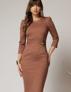  Rochie DY Fashion conica bej cu dungi si detaliu pe talie