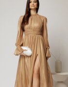  Rochie DY Fashion de ocazie aurie din tull cu guler incretit