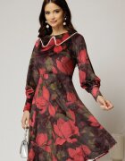  Rochie DY Fashion din catifea cu print rosu si perle la guler
