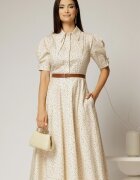  Rochie DY Fashion din poplin bej cu buline cu guler dublu si nasture la guler