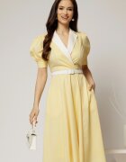  Rochie DY Fashion din poplin galben cu guler in contrast si curea in talie