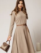  Rochie DY Fashion din tricot beige cu curea subtire si fusta clos