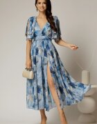  Rochie DY Fashion din voal creponat cu imprimeuri albastre si funde ample pe umeri