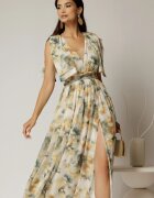  Rochie DY Fashion din voal creponat cu imprimeuri galbene si funde ample pe umeri