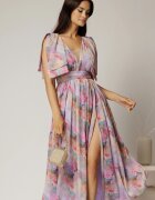  Rochie DY Fashion din voal creponat cu imprimeuri lila si funde ample pe umeri