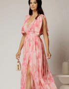  Rochie DY Fashion din voal creponat cu imprimeuri roz si funde ample pe umeri