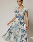  Rochie DY Fashion eleganta din voal satinat cu imprimeuri albastre