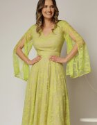  Rochie DY Fashion galben lime din dantela cu maneci lungi crapate si decolteu in V