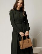  Rochie DY Fashion kaki din triplu voal cu nasturi pe bust si curea in talie