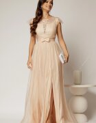  Rochie DY Fashion lunga bej de seara din voal creponat si funda in talie