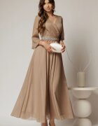  Rochie DY Fashion lunga bej din voal cu fir lurex