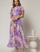  Rochie DY Fashion lunga cu imprimeu lila din voal creponat cu rijelina