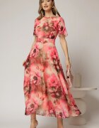  Rochie DY Fashion lunga cu imprimeu rosu zmeura din voal creponat cu rijelina