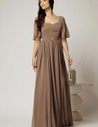  Rochie DY Fashion lunga maro de seara din voal cu decolteu inima