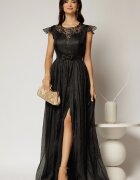  Rochie DY Fashion lunga neagra de seara din voal creponat si funda in talie
